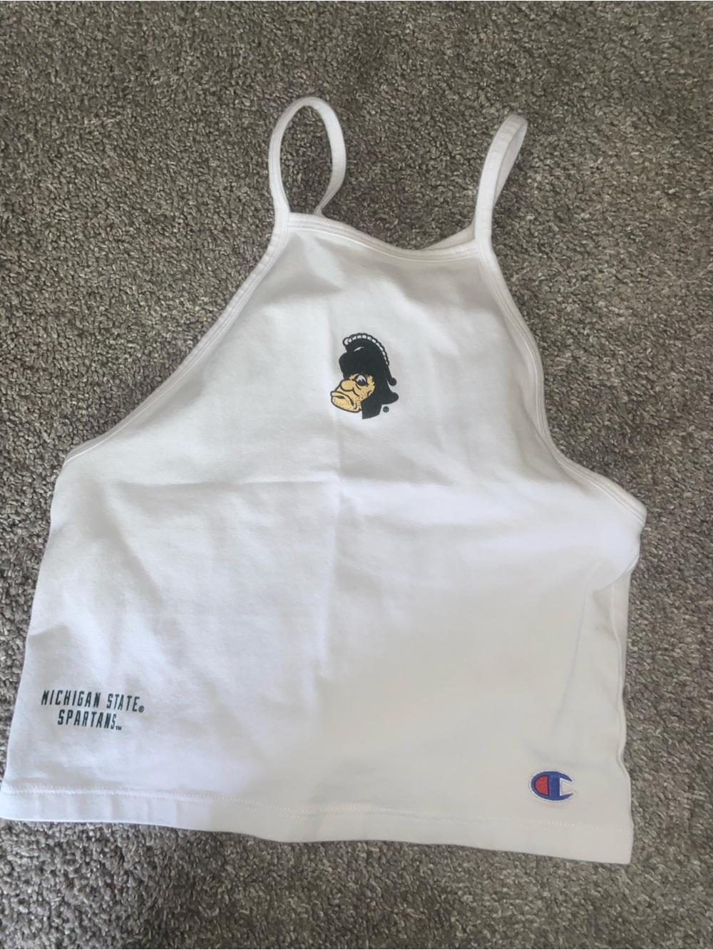 Champion White Tank with Navy Logo and Red Accent